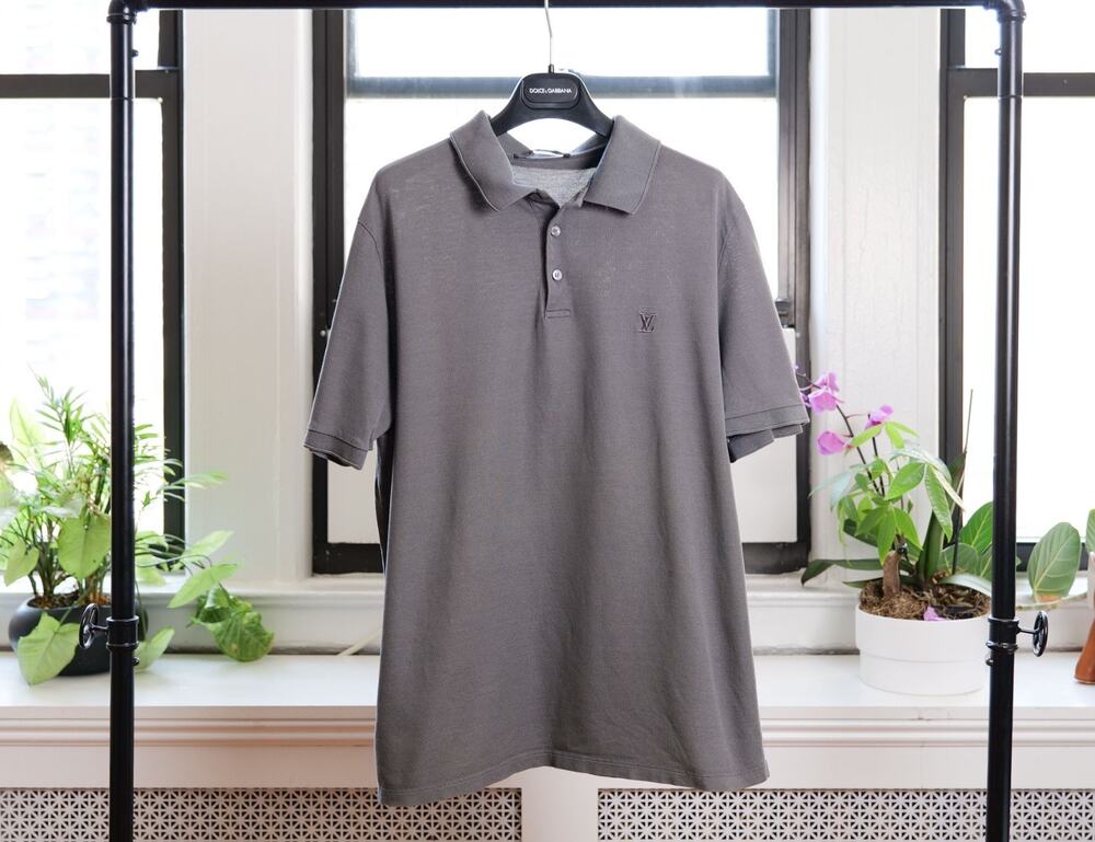 Louis Vuitton Grey Cotton Pique Short Sleeve Polo Shirt Top LV Logo (Size XL)